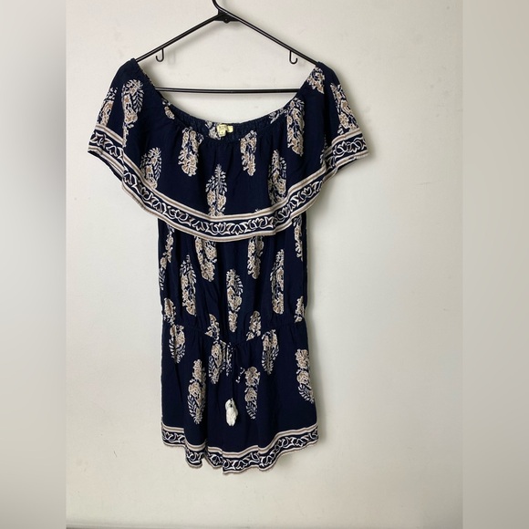 Navy Blue Off-Shoulder One Piece Shorts/Top with White Floral Pattern. Size S - Picture 1 of 6